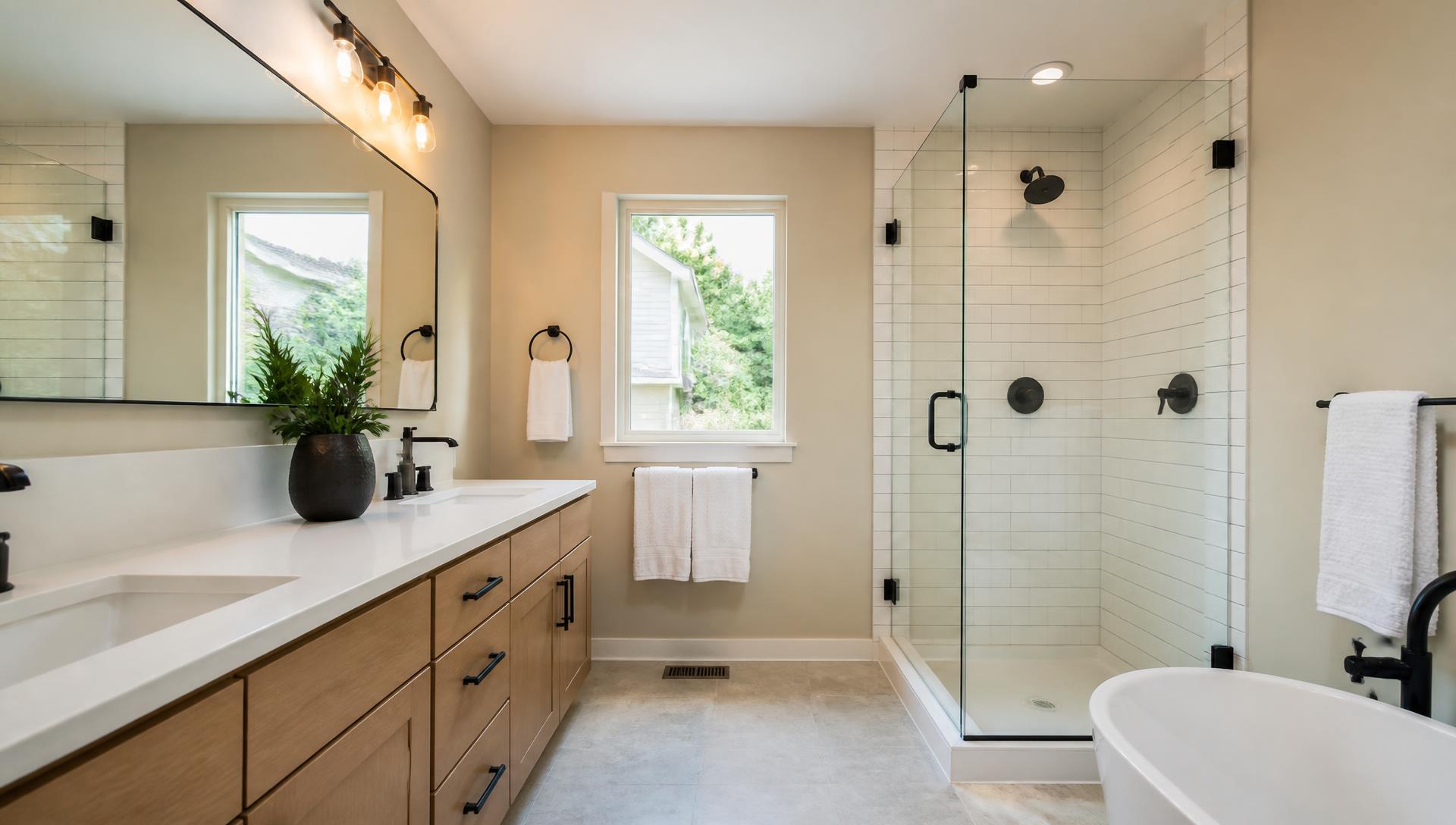 Remodeled residential bathroom with a tiled walk-in shower, wood vanity and natural daylight