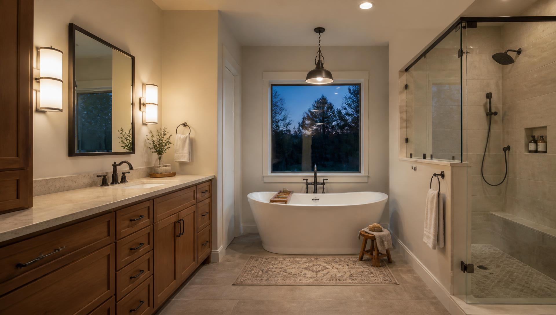 Completed residential bathroom renovation at dusk with warm vanity lighting