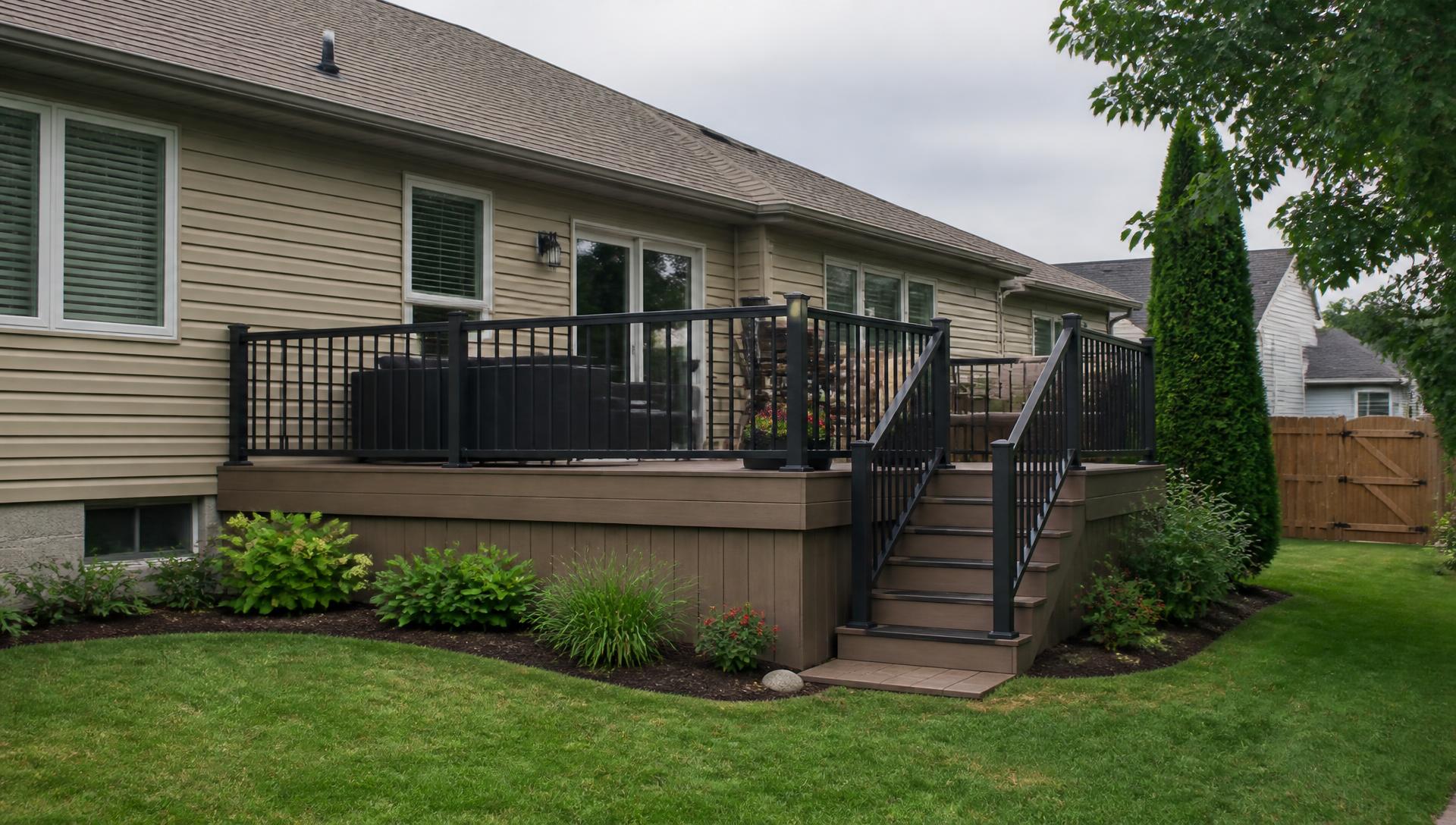 Finished composite deck with railing and stairs on a Central Iowa home