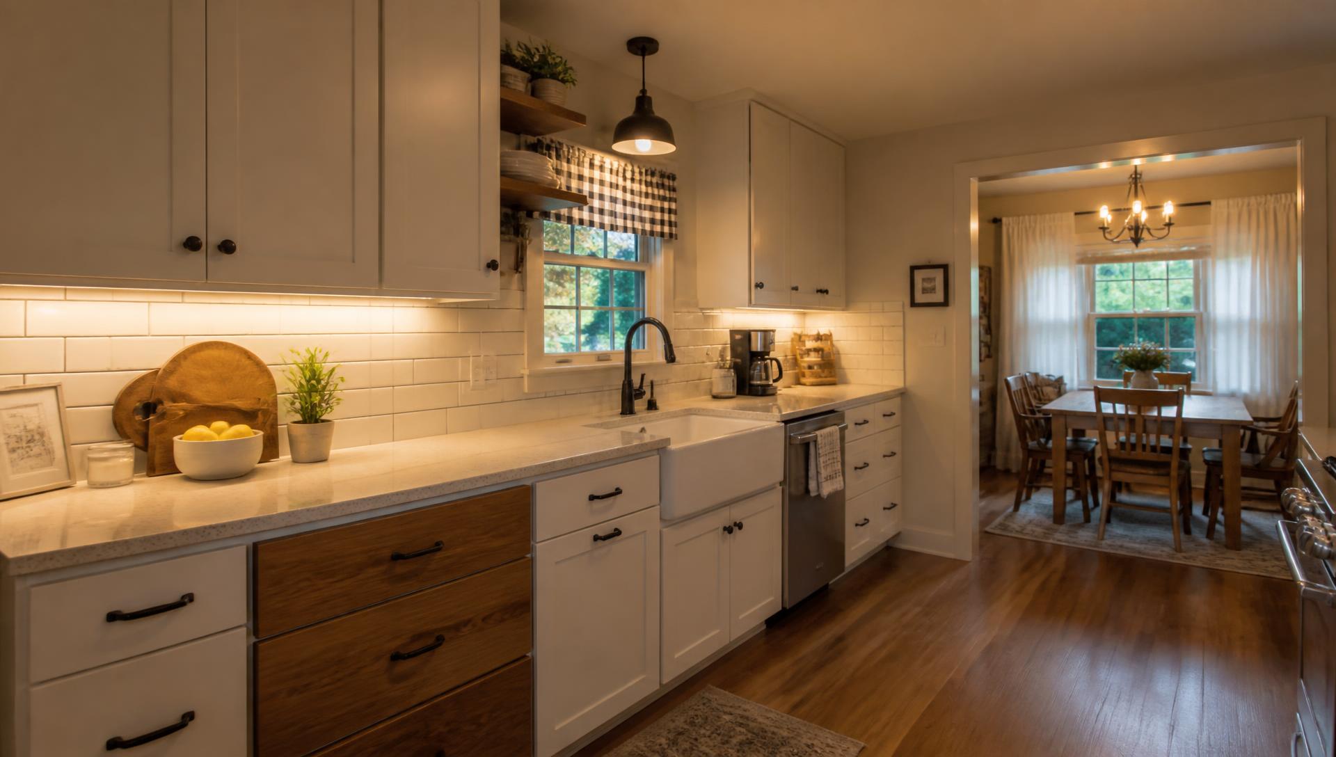 Finished kitchen remodel in a Midwest home with warm evening lighting