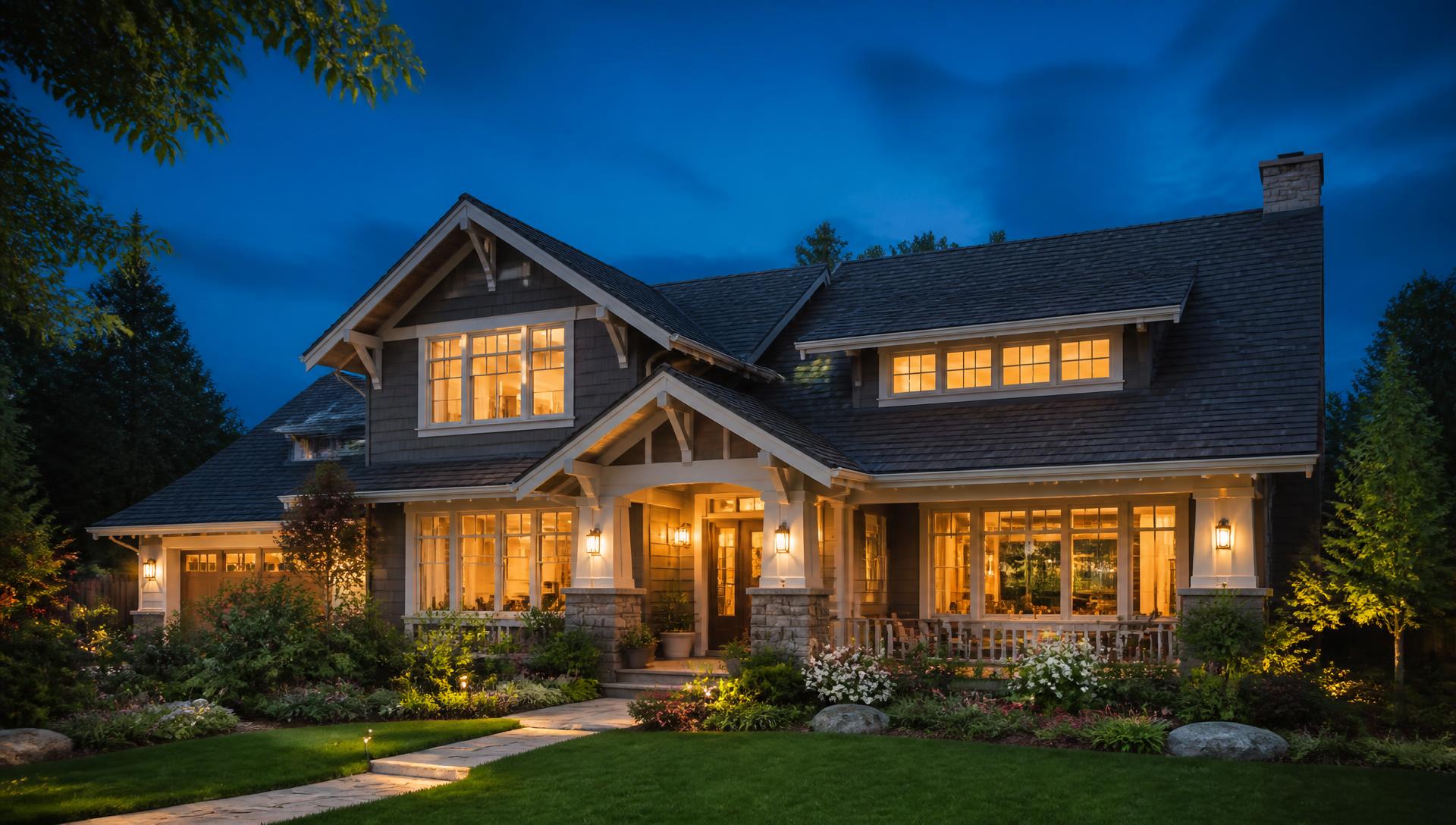 Craftsman home at dusk with a new roof and warm interior lighting