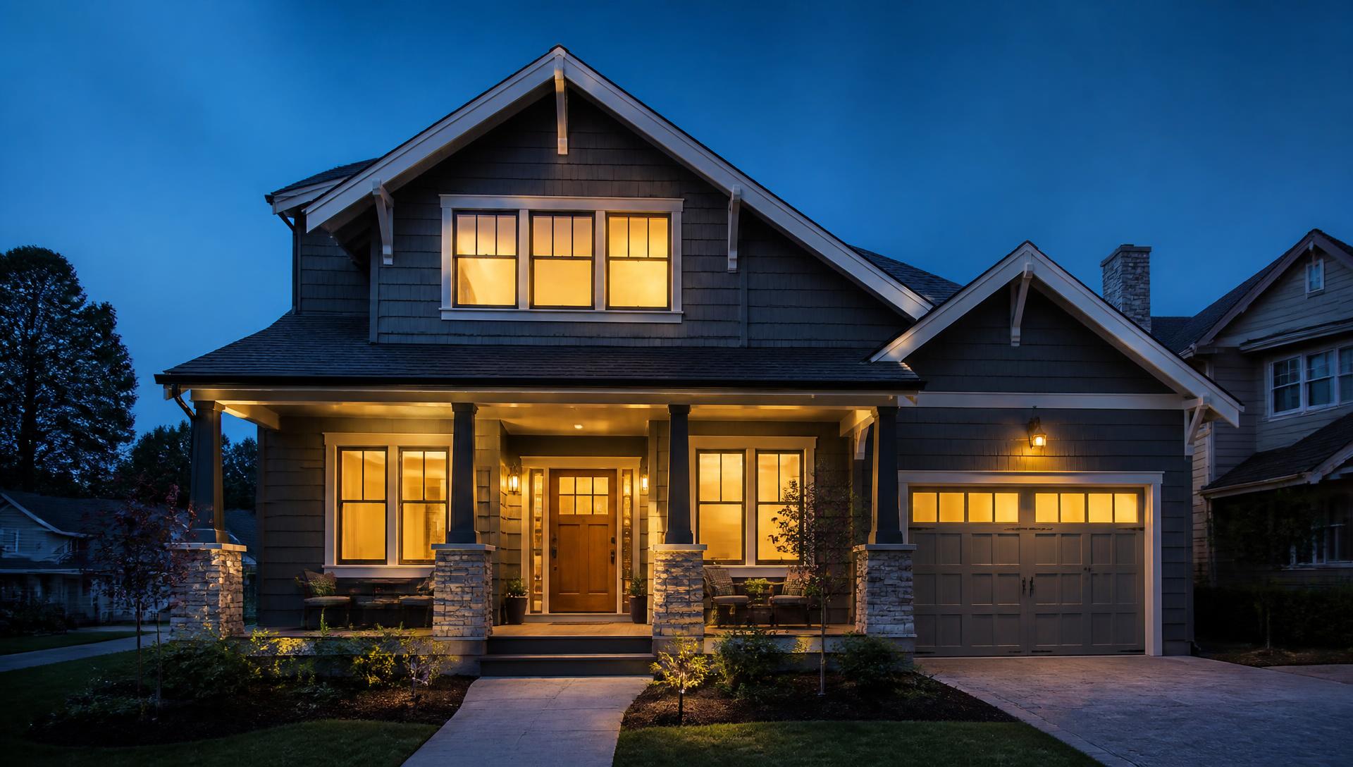 Craftsman home at dusk with newly installed windows glowing warmly